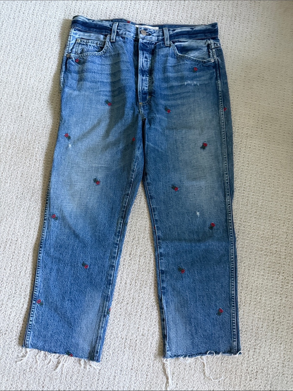 AMO Medium Blue Cropped Jeans with Red Rose Motifs